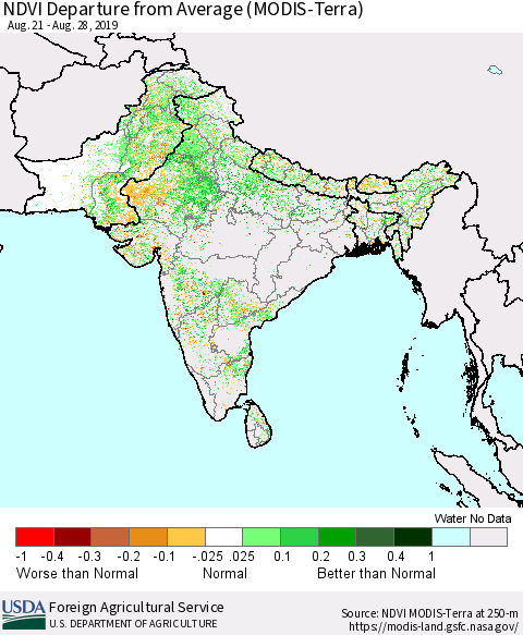 Southern Asia NDVI Departure from Average (MODIS-Terra) Thematic Map For 8/21/2019 - 8/31/2019