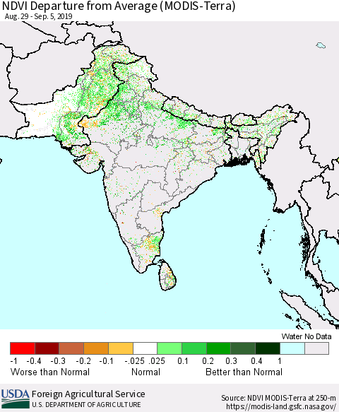 Southern Asia NDVI Departure from Average (Terra-MODIS) Thematic Map For 9/1/2019 - 9/10/2019