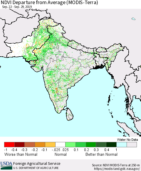 Southern Asia NDVI Departure from Average (MODIS-Terra) Thematic Map For 9/21/2019 - 9/30/2019