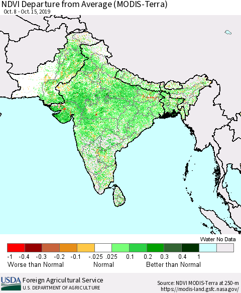 Southern Asia NDVI Departure from Average (MODIS-Terra) Thematic Map For 10/11/2019 - 10/20/2019