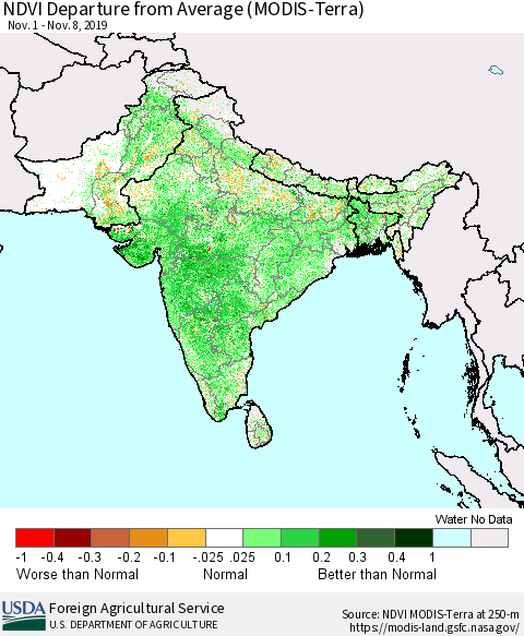 Southern Asia NDVI Departure from Average (MODIS-Terra) Thematic Map For 11/1/2019 - 11/10/2019
