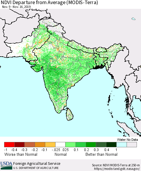 Southern Asia NDVI Departure from Average (MODIS-Terra) Thematic Map For 11/11/2019 - 11/20/2019