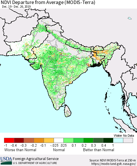 Southern Asia NDVI Departure from Average (MODIS-Terra) Thematic Map For 12/21/2019 - 12/31/2019