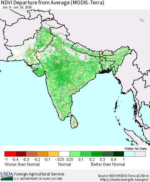 Southern Asia NDVI Departure from Average (MODIS-Terra) Thematic Map For 1/11/2020 - 1/20/2020