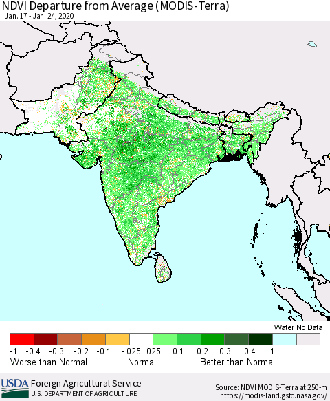 Southern Asia NDVI Departure from Average (MODIS-Terra) Thematic Map For 1/21/2020 - 1/31/2020