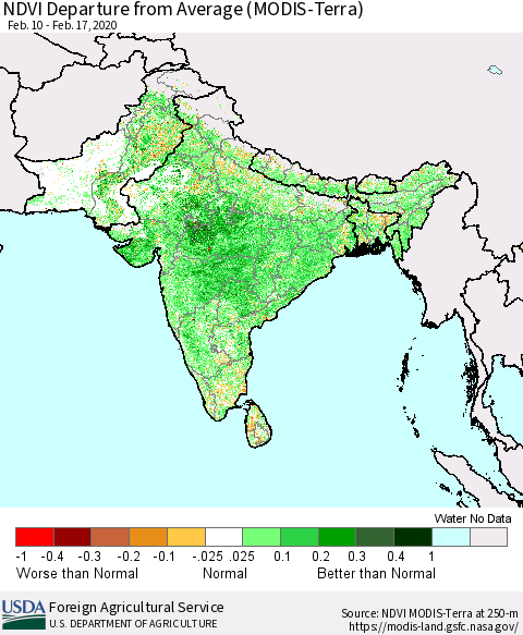 Southern Asia NDVI Departure from Average (MODIS-Terra) Thematic Map For 2/11/2020 - 2/20/2020
