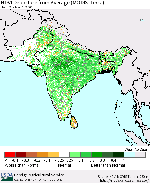 Southern Asia NDVI Departure from Average (MODIS-Terra) Thematic Map For 3/1/2020 - 3/10/2020