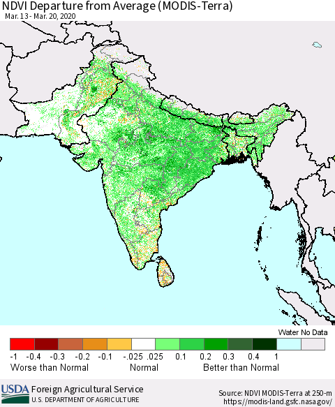 Southern Asia NDVI Departure from Average (MODIS-Terra) Thematic Map For 3/11/2020 - 3/20/2020