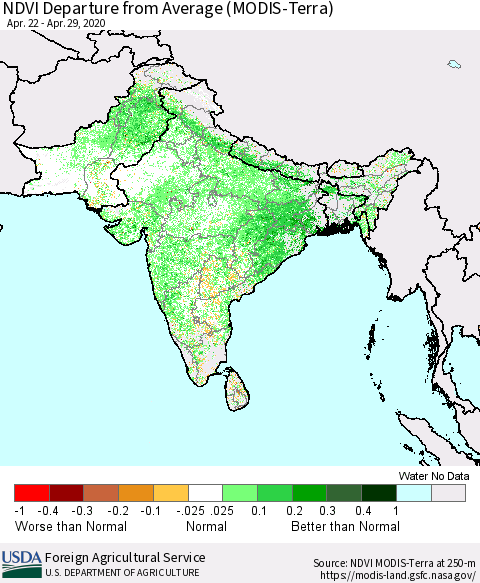 Southern Asia NDVI Departure from Average (MODIS-Terra) Thematic Map For 4/21/2020 - 4/30/2020