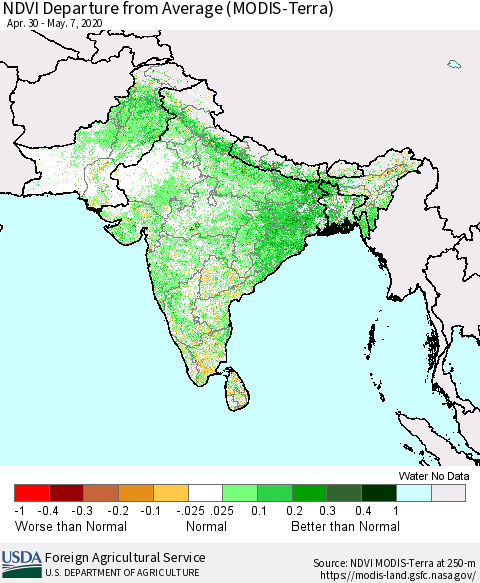 Southern Asia NDVI Departure from Average (MODIS-Terra) Thematic Map For 5/1/2020 - 5/10/2020