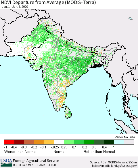 Southern Asia NDVI Departure from Average (MODIS-Terra) Thematic Map For 6/1/2020 - 6/10/2020
