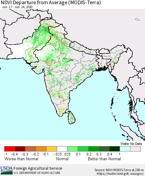 Southern Asia NDVI Departure from Average (Terra-MODIS) Thematic Map For 6/21/2020 - 6/30/2020
