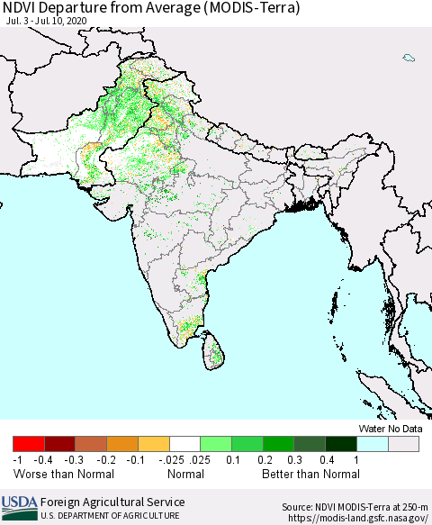 Southern Asia NDVI Departure from Average (MODIS-Terra) Thematic Map For 7/1/2020 - 7/10/2020