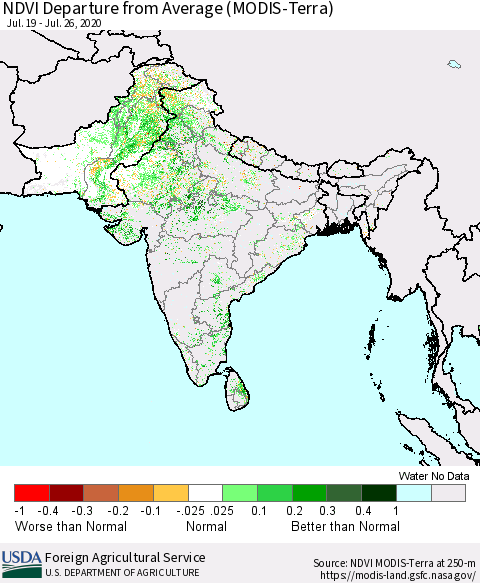 Southern Asia NDVI Departure from Average (MODIS-Terra) Thematic Map For 7/21/2020 - 7/31/2020