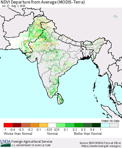Southern Asia NDVI Departure from Average (Terra-MODIS) Thematic Map For 8/1/2020 - 8/10/2020