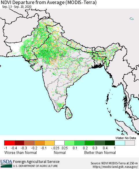 Southern Asia NDVI Departure from Average (MODIS-Terra) Thematic Map For 9/11/2020 - 9/20/2020