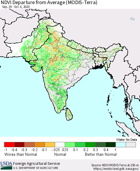 Southern Asia NDVI Departure from Average (Terra-MODIS) Thematic Map For 10/1/2020 - 10/10/2020