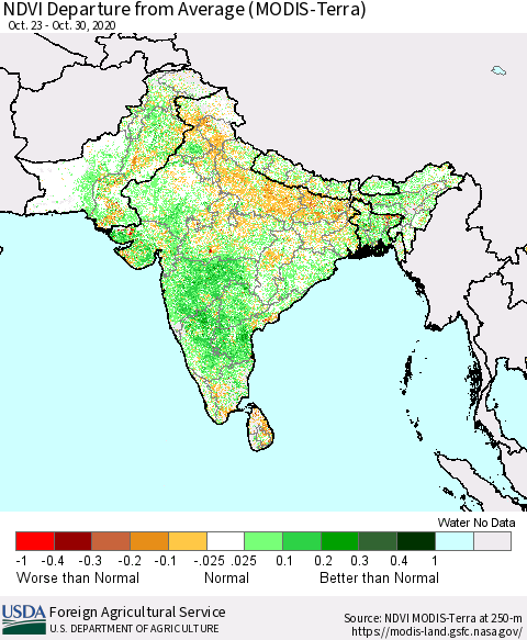 Southern Asia NDVI Departure from Average (Terra-MODIS) Thematic Map For 10/21/2020 - 10/31/2020