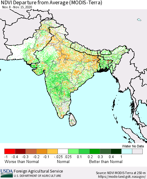 Southern Asia NDVI Departure from Average (MODIS-Terra) Thematic Map For 11/11/2020 - 11/20/2020