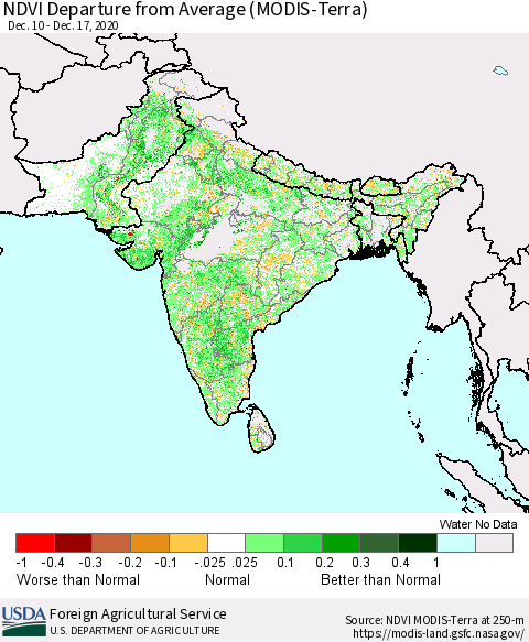 Southern Asia NDVI Departure from Average (Terra-MODIS) Thematic Map For 12/11/2020 - 12/20/2020