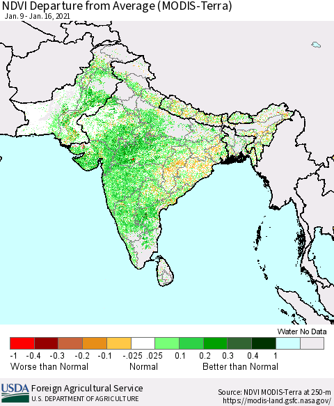 Southern Asia NDVI Departure from Average (MODIS-Terra) Thematic Map For 1/11/2021 - 1/20/2021