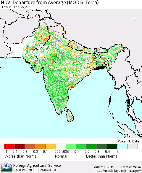 Southern Asia NDVI Departure from Average (Terra-MODIS) Thematic Map For 2/21/2021 - 2/28/2021