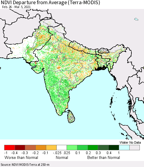 Southern Asia NDVI Departure from Average (Terra-MODIS) Thematic Map For 2/26/2021 - 3/5/2021