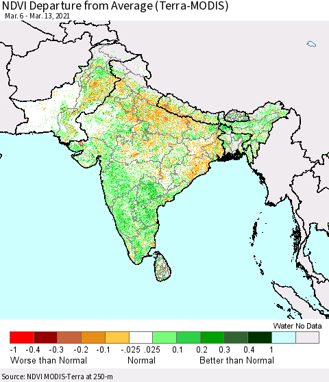Southern Asia NDVI Departure from Average (Terra-MODIS) Thematic Map For 3/6/2021 - 3/13/2021