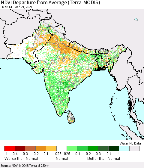 Southern Asia NDVI Departure from Average (Terra-MODIS) Thematic Map For 3/14/2021 - 3/21/2021