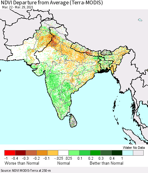 Southern Asia NDVI Departure from Average (Terra-MODIS) Thematic Map For 3/22/2021 - 3/29/2021