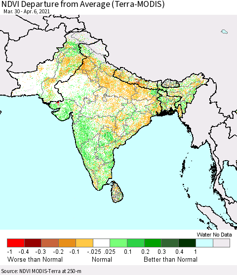 Southern Asia NDVI Departure from Average (Terra-MODIS) Thematic Map For 3/30/2021 - 4/6/2021