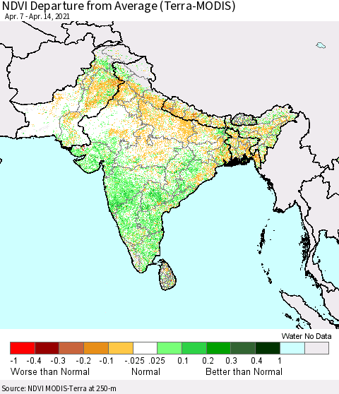 Southern Asia NDVI Departure from Average (Terra-MODIS) Thematic Map For 4/7/2021 - 4/14/2021