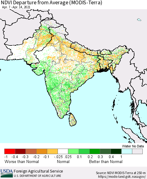 Southern Asia NDVI Departure from Average (MODIS-Terra) Thematic Map For 4/11/2021 - 4/20/2021