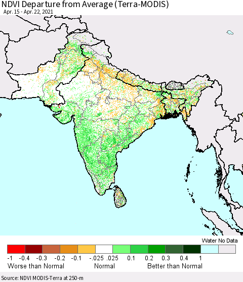 Southern Asia NDVI Departure from Average (Terra-MODIS) Thematic Map For 4/15/2021 - 4/22/2021