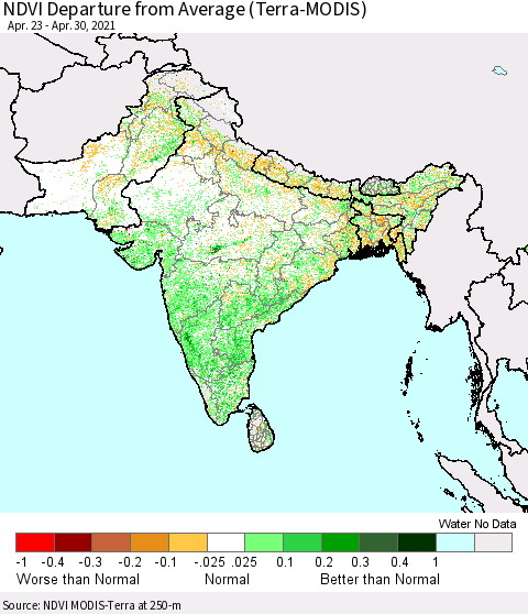 Southern Asia NDVI Departure from Average (MODIS-Terra) Thematic Map For 4/21/2021 - 4/30/2021