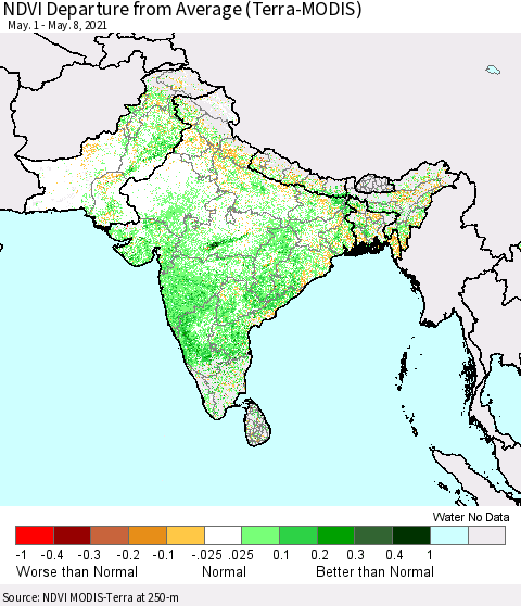 Southern Asia NDVI Departure from Average (Terra-MODIS) Thematic Map For 5/1/2021 - 5/8/2021
