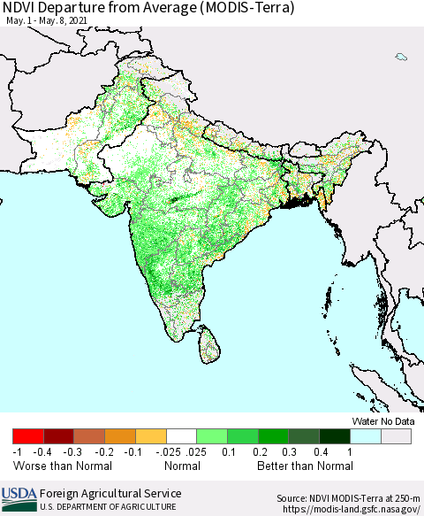 Southern Asia NDVI Departure from Average (Terra-MODIS) Thematic Map For 5/1/2021 - 5/10/2021
