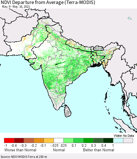 Southern Asia NDVI Departure from Average (Terra-MODIS) Thematic Map For 5/9/2021 - 5/16/2021