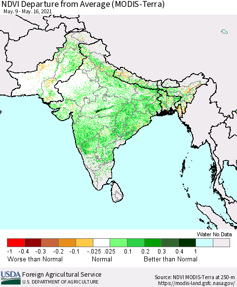 Southern Asia NDVI Departure from Average (Terra-MODIS) Thematic Map For 5/11/2021 - 5/20/2021