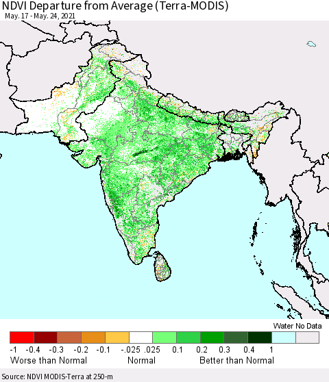 Southern Asia NDVI Departure from Average (Terra-MODIS) Thematic Map For 5/17/2021 - 5/24/2021