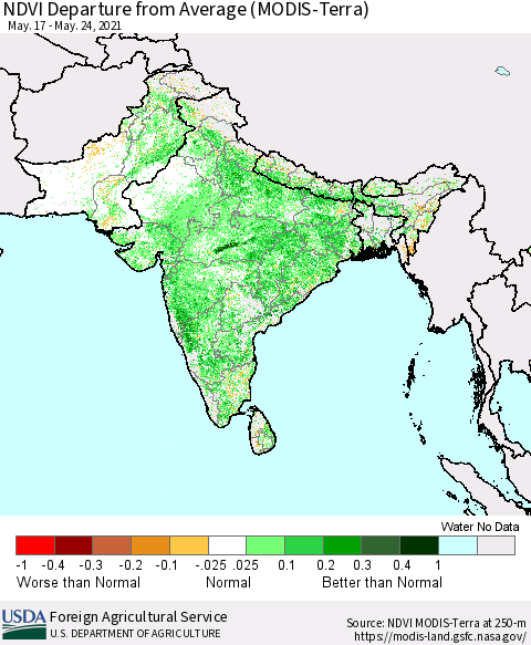 Southern Asia NDVI Departure from Average (Terra-MODIS) Thematic Map For 5/21/2021 - 5/31/2021
