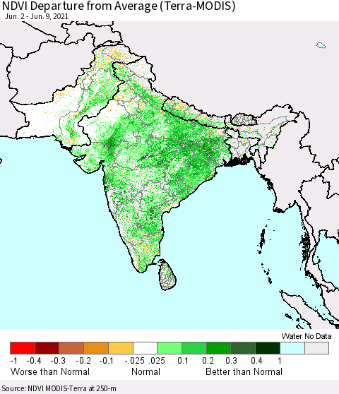 Southern Asia NDVI Departure from Average (Terra-MODIS) Thematic Map For 6/2/2021 - 6/9/2021