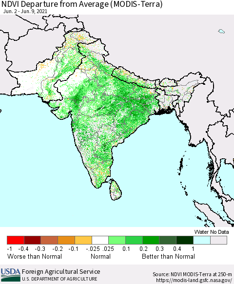 Southern Asia NDVI Departure from Average (Terra-MODIS) Thematic Map For 6/1/2021 - 6/10/2021