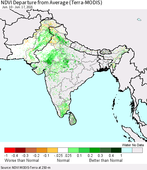 Southern Asia NDVI Departure from Average (Terra-MODIS) Thematic Map For 6/10/2021 - 6/17/2021
