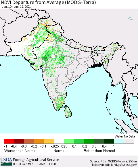 Southern Asia NDVI Departure from Average (Terra-MODIS) Thematic Map For 6/11/2021 - 6/20/2021