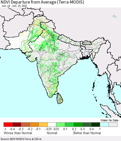 Southern Asia NDVI Departure from Average (Terra-MODIS) Thematic Map For 6/18/2021 - 6/25/2021