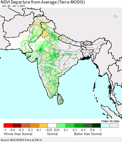 Southern Asia NDVI Departure from Average (Terra-MODIS) Thematic Map For 6/26/2021 - 7/3/2021