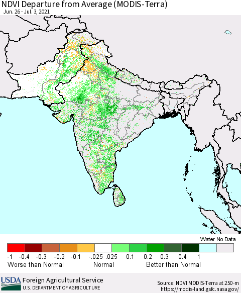 Southern Asia NDVI Departure from Average (Terra-MODIS) Thematic Map For 7/1/2021 - 7/10/2021