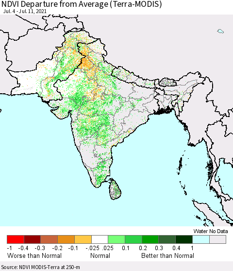 Southern Asia NDVI Departure from Average (Terra-MODIS) Thematic Map For 7/4/2021 - 7/11/2021