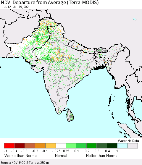 Southern Asia NDVI Departure from Average (Terra-MODIS) Thematic Map For 7/12/2021 - 7/19/2021